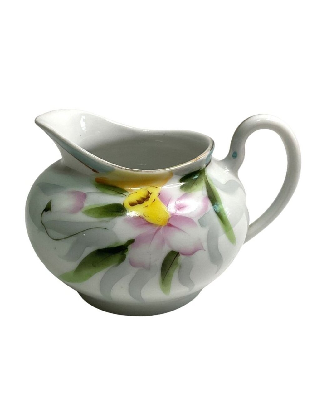 Atq Nippon Floral Bone China Creamer circa 1920s White w/Purple Yellow Florals